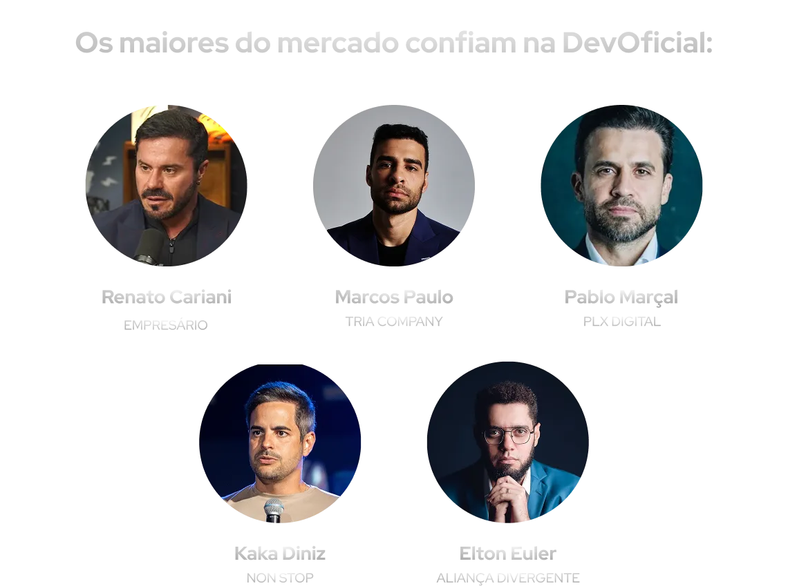 Empresários e empresas que confiam na DevOficial: Renato Cariani, Marcos Paulo (Tria Company), Pablo Marçal (PLX Digital), Kaka Diniz (Non Stop) e Elton Euler (Aliança Divergente)